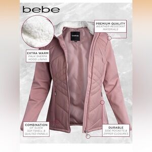 NWT Bebe Hooded Quilted Jacket - Dusty Rose -Sherpa Lined Hood & Rhinestone Logo